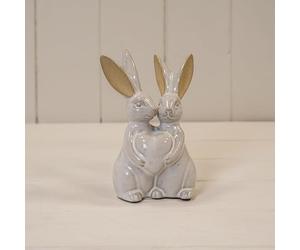 Glazed Beige Ceramic Rabbits Ornament Kissing Hare Figurine Long Ears Heart Bunny Sculpture