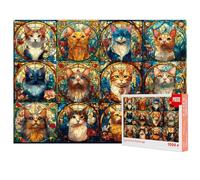 Glazed Cat Painting 1000 Pieces Jigsaw Puzzles for Adults, Stained Glass Cat Portraits with Floral Details, Vibrant Stained Glass Art Jigsaw Puzzle for Animal, for Puzzle Enthusiasts