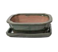 Glazed Ceramic Bonsai Pots with Matching Drip Trays (Green, 18cm)