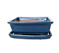 Glazed Ceramic Bonsai Pots with Matching Drip Trays (Metallic Blue, 16cm)