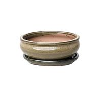 Glazed Ceramic Bonsai Pots with Matching Drip Trays (Olive Green, 18cm)