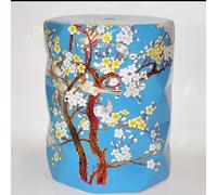 Glazed Ceramic Garden Stool - Colorful Flower & Bird Design Small Drum Seat Versatile Shoe Changing Bench Side Table for Indoor & Outdoor Use (Blue 2)