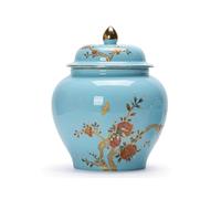 Glazed Ceramic Ginger Jar with Lid Chinoiserie Porcelain Peach Print Storage Jar Flower Vase Decorative Tea Canister for Shelf Decor(Blu,Medium)