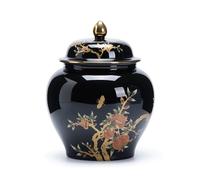 Glazed Ceramic Ginger Jar with Lid Chinoiserie Porcelain Peach Print Storage Jar Flower Vase Decorative Tea Canister for Shelf Decor(Nero,Medium)