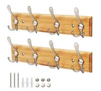 GlazieVault Coat Hooks for Wall - 4 Matt-Nickel Triple Bamboo Wooden Coat Racks (2 Pack) - Heavy Duty Coat Hooks Wall Mounted - Satin Nickel Hooks Wall Hanger and Clothes Hooks