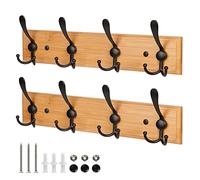 GlazieVault Coat Hooks for Wall - Stainless Steel Coat Racks (2 Pack) - Heavy Duty Coat Hook Wall Mounted - Premium Design Rust Free Coat Hanger for Clothes (Wooden Tri)