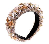 GLBCC Crystal Padded Headband for Women Handmade Pink Acrylic Beaded Headband Boho Small Flower Embellished Hair Band Black Velvet Hair Hoop (pink headband)