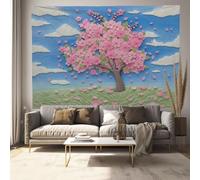 GLCWARM 3D style Tapestries, Cherry Blossom Tree Clouds Printed Wall Tapestry, Aesthetic Bedroom Wall Hanging Decor, Pink Blue Relief Fabric Wall Art for Living Room Dorm 150 × 200 cm