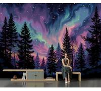 GLCWARM Aurora Forest Shadow Photo Wallpaper 400X280Cm | Dreamy Illustrations Wall Murals Aurora Powder Wall Art, Non-Woven Photo Wallpaper 3D Effect for Bedrooms Living Room
