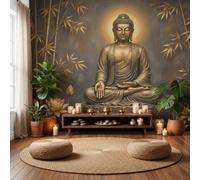 GLCWARM Bamboo Forest Buddha Statue Photo Wallpaper 250X175Cm | Zen Still Life Sculpture Wall Murals Golden Brown Wall Art, Non-Woven Photo Wallpaper 3D Effect for Bedrooms Living Room