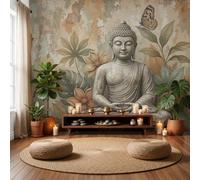 GLCWARM Bamboo Leaf Buddha Statue Photo Wallpaper 450X315Cm | Retro Statue Wall Murals Gray-Green Wall Art, Non-Woven Photo Wallpaper 3D Effect for Bedrooms Living Room