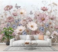 GLCWARM Butterfly Wildflowers Photo Wallpaper 300X210Cm | Watercolor Grass Plants Wall Murals Pinkish White Wall Art, Non-Woven Photo Wallpaper 3D Effect for Bedrooms Living Room