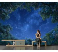 GLCWARM Canopy Starry Night Photo Wallpaper 300X210Cm | Dreamy Illustrations Wall Murals Diamond Blue Wall Art, Non-Woven Photo Wallpaper 3D Effect for Bedrooms Living Room