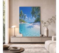 GLCWARM Coconut Trees And Sandy Beach Wall Art 80X120 Cm | Paradise Island Scenery Canvas Wall Pictures Blue-Green Painting Artwork For Living Room Bedroom Office Decoration