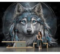 GLCWARM Dreamcatcher Feathered Wolf Background Wall Mural - 300X210Cm | Ethnic Totem Animals Photo Wallpaper for Boys' Bedroom Living Room Playroom Nursery Teen Room Kids' Photo Mural Wall Art