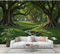 GLCWARM Giant Tree and Clear Stream Photo Wallpaper 300X210Cm | Woodland Water Features Wall Murals Tender Green Wall Art, Non-Woven Photo Wallpaper 3D Effect for Bedrooms Living Room