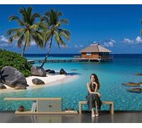 GLCWARM Maldives Scenery Wallpaper - Wooden House Boardwalk Wall Mural