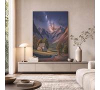 GLCWARM Meadow Stone House Unframed Canvas Wall Art 60X80 Cm | Rural Starry Sky Scenery Painting Print On Textured Canvas Artwork Decor For Home Hallway Office Room Bedroom