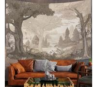 GLCWARM medieval elements landscape Tapestry Wall Decor, Hills Ancient Trees Wall Hanging Tapestries, Retro Line Drawing Brown Beige Woodland Wall Art for Bedroom Living Room, 180 × 230 cm