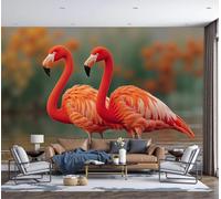 GLCWARM Mural Wallpaper Flamingos in The Water 3D Effect Photo Wallpaper 300X210Cm | Landscape Animals Non-Woven Wall Mural for Bedroom Living Room Tv Background Decoration