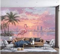 GLCWARM Mural Wallpaper Sunset Palm Flamingo 3D Effect Photo Wallpaper 300X210Cm | Romantic Oil Painting of Animals Non-Woven Wall Mural for Bedroom Living Room Tv Background Decoration