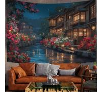 GLCWARM Natural scenery landscape Tapestry Wall Decor, Streams Flower Beds Wall Hanging Tapestries, Healing Style Gold Red Woodland Wall Art for Bedroom Living Room, 180 × 230 cm