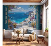 GLCWARM Photo Wallpaper 3D Cliff View 300X210Cm | Mediterranean Style Wall Mural Non-Woven Poster Photo Wallpaper Home Decoration Wall Covering Papel Mural