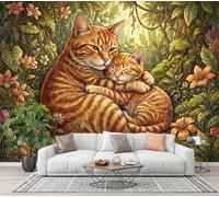 GLCWARM Photo Wallpaper 3D Flower Orange Cat 300X210Cm | Jungle Animals Wall Mural Non-Woven Poster Photo Wallpaper Home Decoration Wall Covering Papel Mural