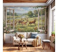 GLCWARM Photo Wallpaper Deer Window View 450X315Cm | Retro Country Non-Woven Art Print Wall Mural Decoration Poster Picture Design Modern Living Room Kitchen Bedroom Wall Mural