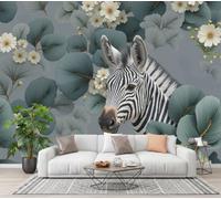 GLCWARM Photo Wallpaper Eucalyptus Leaf Zebra 350X256Cm | Watercolor Animals Non-Woven Panoramic Wall Mural for Bedroom Living Room Hallway Restaurant Home Decoration