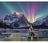 GLCWARM Photo Wallpaper Snow-Capped Mountains 450X315Cm | Aurora Borealis Non-Woven Panoramic Wall Mural for Bedroom Living Room Hallway Restaurant Home Decoration