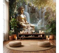 GLCWARM Photo Wallpaper Waterfall Buddha Statue 450X315Cm | Natural Zen Sculpture Non-Woven Art Print Wall Mural Decoration Poster Picture Design Modern Living Room Kitchen Bedroom Wall Mural