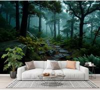 GLCWARM Stone Slab Road Photo Wallpaper 450X315Cm | Forest and Valley Stone Wall Murals Dark Green Path Wall Art, Non-Woven Photo Wallpaper 3D Effect for Bedrooms Living Room