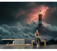 GLCWARM Storm Gray Storm Lighthouse Photo Wallpaper | Ocean Wonders Wall Mural for Living Room & Bedroom, Non-Woven Decorative Wall Art, 200X140Cm