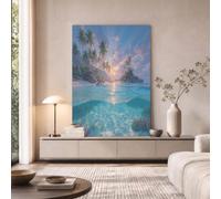 GLCWARM Sunset Palm Tree Canvas Wall Art Print 50X70 Cm | Hawaiian Island Scenery Prints For Hallway Stairs Bedroom Living Room Walls Home Office Decorations, Ice Blue