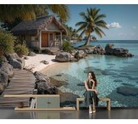 GLCWARM Tropical Scenery Wallpaper - Beach Cabins Wall Mural