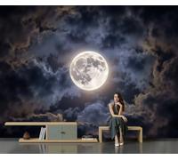 GLCWARM Wallpaper Wall Mural 250X175Cm Non-Woven Full Moon with Clouds Art Print | Fleece Wall Natural Scenery Mural Decoration Poster Picture Design for Living Room Bedroom Bathroom
