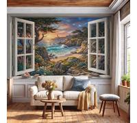 GLCWARM Wallpaper Wall Mural 250X175Cm Non-Woven Lighthouse Coast Art Print | Fleece Wall Window Scene Illustration Mural Decoration Poster Picture Design for Living Room Bedroom Bathroom