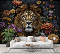 GLCWARM Wallpaper Wall Mural Lion in The Dahlia 250X175Cm / Realistic Animals Photo Wallpaper Mural Decoration Wall Covering for Dining Rooms Living Rooms Bedrooms