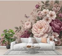 GLCWARM Wallpaper Wall Mural Red White Peony Butterfly 300X210Cm | 3D Bohemian Plants Photo Wallpaper Non-Woven Wall Mural Poster for Living Room Bedroom Corridor Tv Background