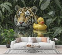 GLCWARM Wallpaper Wall Mural Yellow-Green Rubber Duck Tiger 300X210Cm | 3D Jungle Lake Animals Photo Wallpaper Non-Woven Wall Mural Poster for Living Room Bedroom Corridor Tv Background