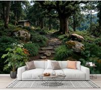 GLCWARM Wooden House and Stone Path Photo Wallpaper 450X315Cm | Forest Cottage Wall Murals Moss Lime Wall Art, Non-Woven Photo Wallpaper 3D Effect for Bedrooms Living Room