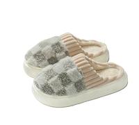 GLDFW Couple Winter Slides Warm Plaid Fluffy Slippers Soft Sole Flip Flops Women Men Home Indoor Non-slip Cotton Shoes