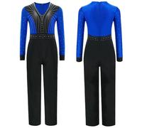 GLDFW Kids Boys Latin Dance Suit Competition Long Sleeve Jumpsuit Skating Ballroom Performance Costume Rhinestone Full Leotard