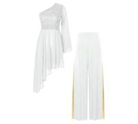 GLDFW Women Liturgical Dance Costume Church Worship Praise Dress Long Sleeve Gown Wide-Leg Pants Modern Lyrical Dancewear