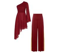 GLDFW Women Liturgical Dance Costume Church Worship Praise Dress Long Sleeve Gown Wide-Leg Pants Modern Lyrical Dancewear