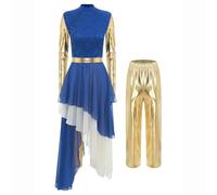 GLDFW Women Liturgical Dance Costume Church Worship Praise Dress Long Sleeve Gown Wide-Leg Pants Modern Lyrical Dancewear