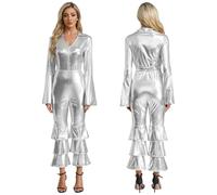 GLDFW Women Retro Dance Jumpsuit Halloween Carnival Theme Party Hippie Cosplay Costume Long Sleeve Shiny Flared Bodysuit