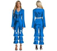 GLDFW Women Retro Dance Jumpsuit Halloween Carnival Theme Party Hippie Cosplay Costume Long Sleeve Shiny Flared Bodysuit