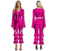 GLDFW Women Retro Dance Jumpsuit Halloween Carnival Theme Party Hippie Cosplay Costume Long Sleeve Shiny Flared Bodysuit